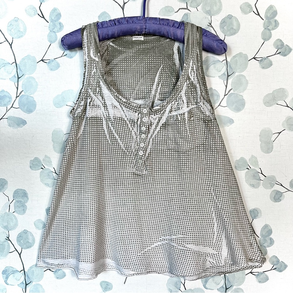 Osklen Womens Gray & White Tie Dye Style Tank Top Check Pattern Sleeveless Shirt